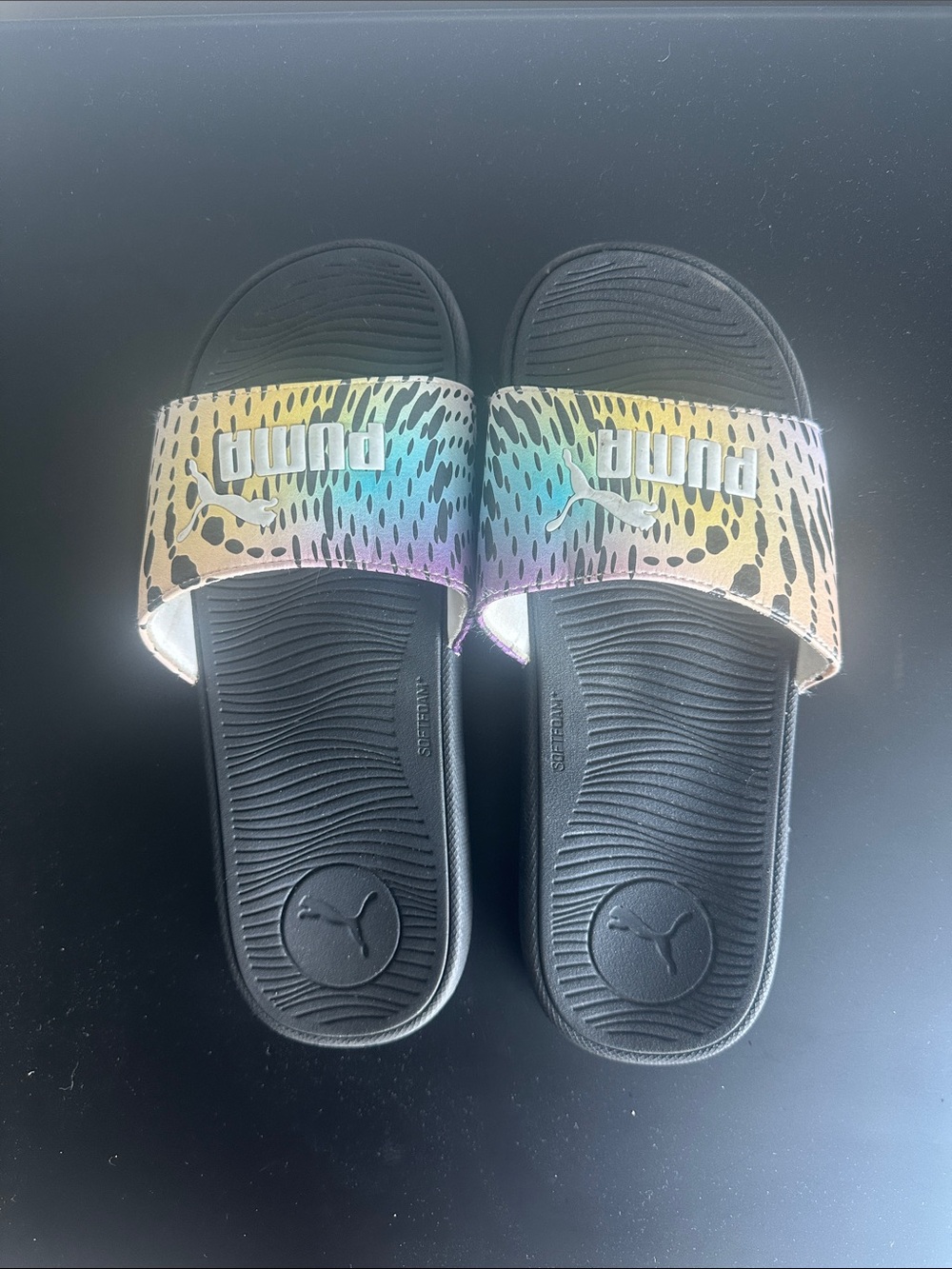 Puma Women’s Black Slides with Rainbow Animal-Print Strap